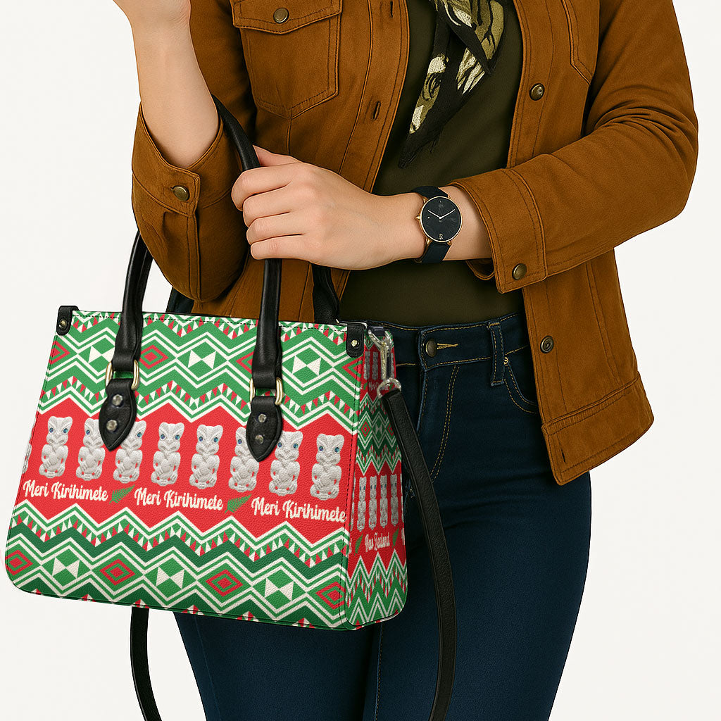 New Zealand Christmas In July Leather Bag Meri Kirihimete Hei Tiki Taniko Motifs Seamless