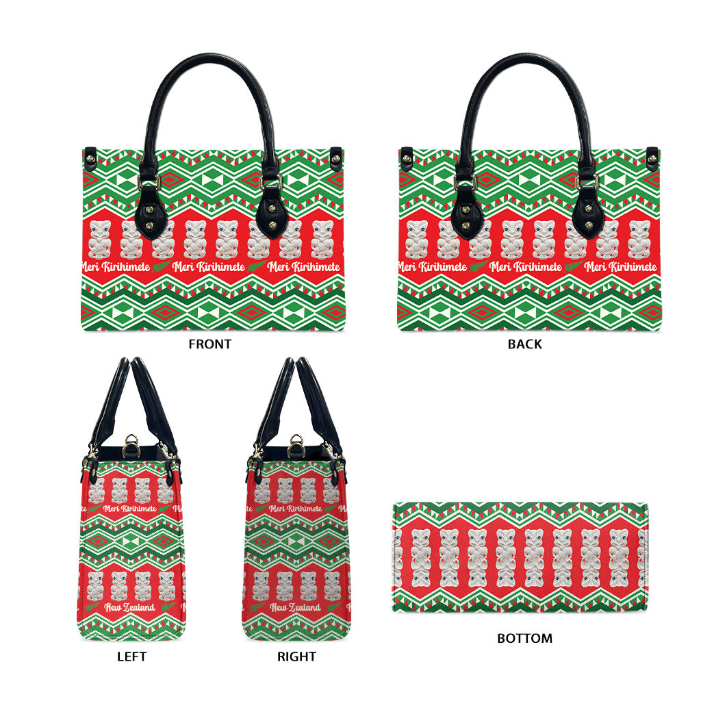 New Zealand Christmas In July Leather Bag Meri Kirihimete Hei Tiki Taniko Motifs Seamless