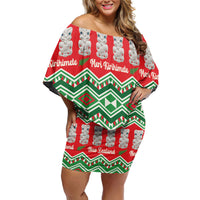 New Zealand Christmas In July Off Shoulder Short Dress Meri Kirihimete Hei Tiki Taniko Motifs Seamless