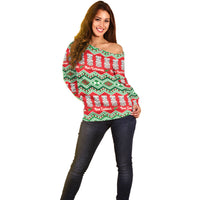 New Zealand Christmas In July Off Shoulder Sweater Meri Kirihimete Hei Tiki Taniko Motifs Seamless