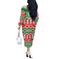 New Zealand Christmas In July Off The Shoulder Long Sleeve Dress Meri Kirihimete Hei Tiki Taniko Motifs Seamless