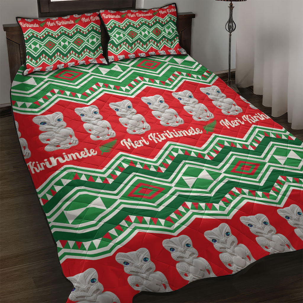 New Zealand Christmas In July Quilt Bed Set Meri Kirihimete Hei Tiki Taniko Motifs Seamless LT14 Red - Polynesian Pride
