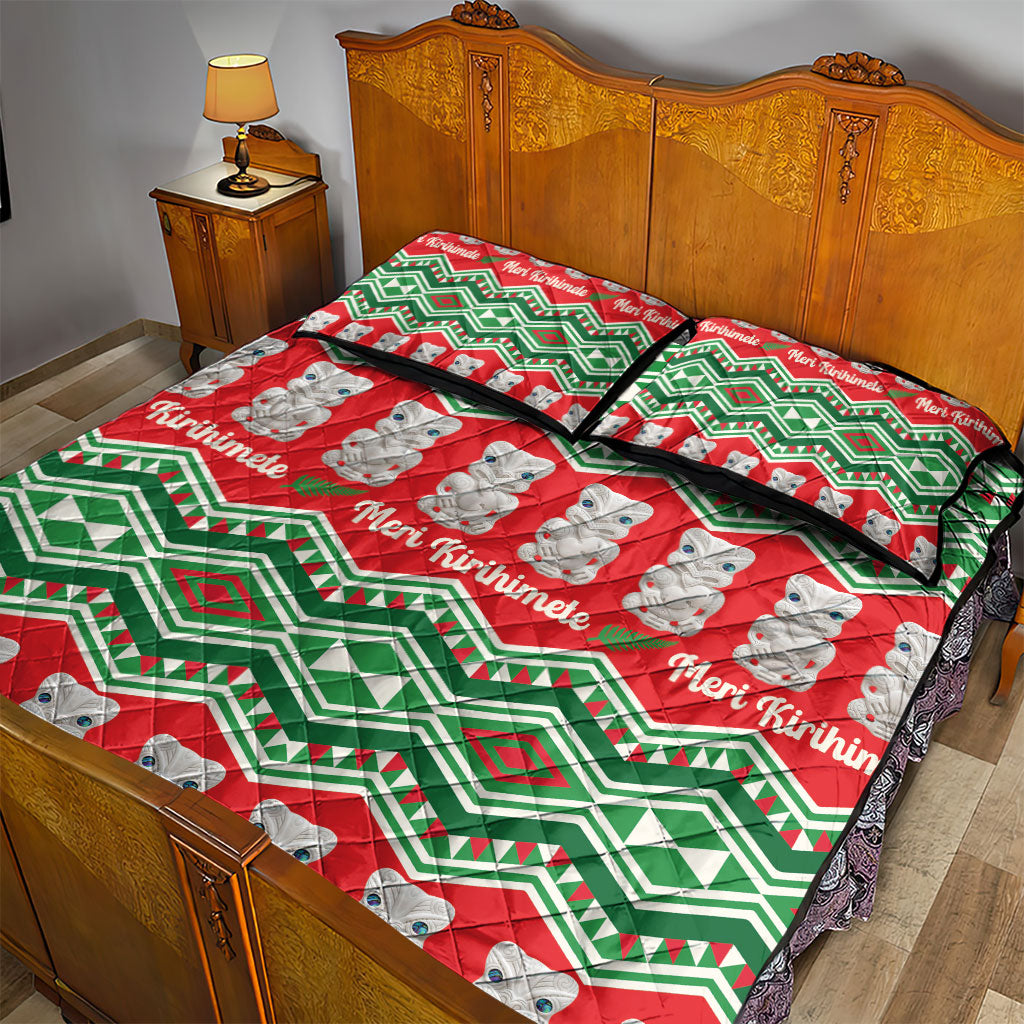 New Zealand Christmas In July Quilt Bed Set Meri Kirihimete Hei Tiki Taniko Motifs Seamless