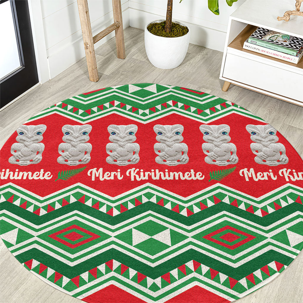 New Zealand Christmas In July Round Carpet Meri Kirihimete Hei Tiki Taniko Motifs Seamless LT14 Red - Polynesian Pride