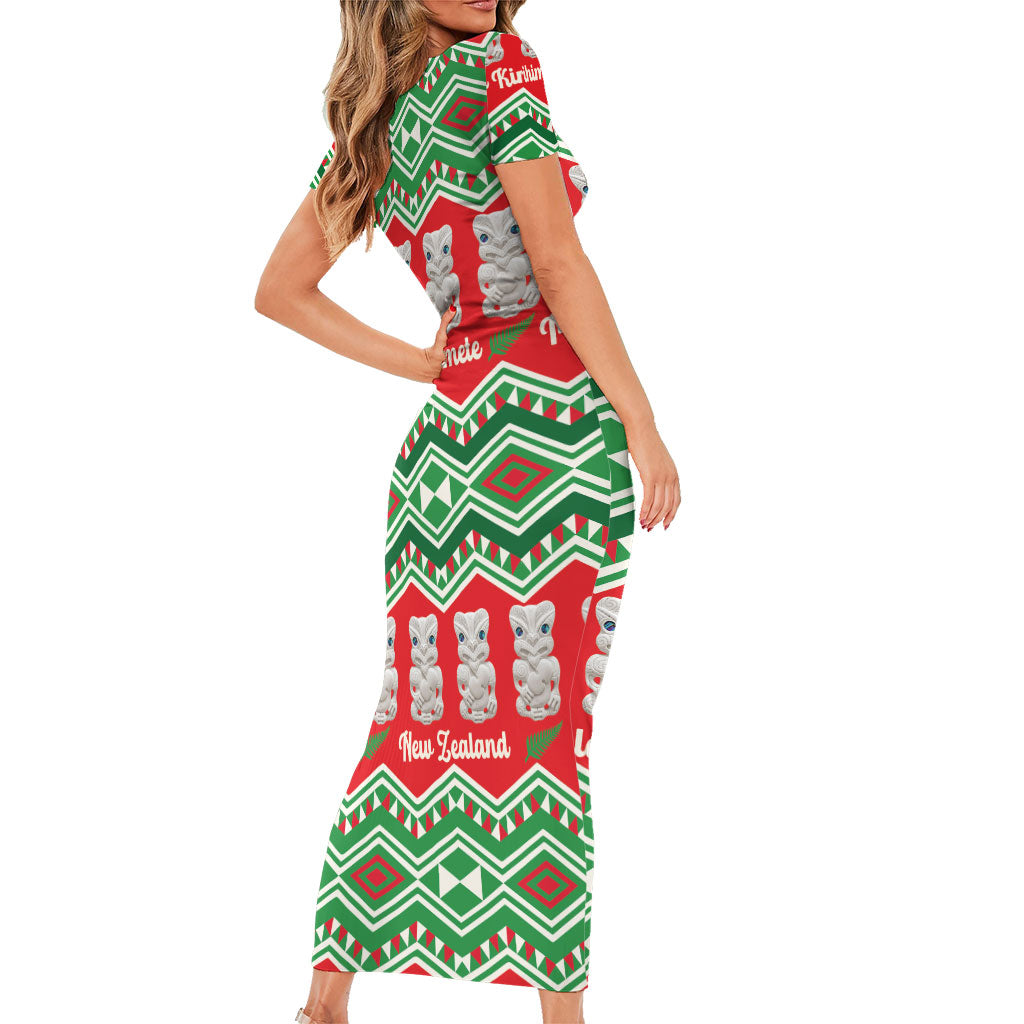 New Zealand Christmas In July Short Sleeve Bodycon Dress Meri Kirihimete Hei Tiki Taniko Motifs Seamless