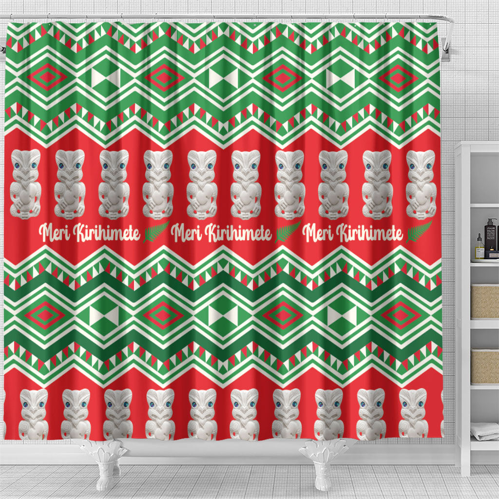 New Zealand Christmas In July Shower Curtain Meri Kirihimete Hei Tiki Taniko Motifs Seamless