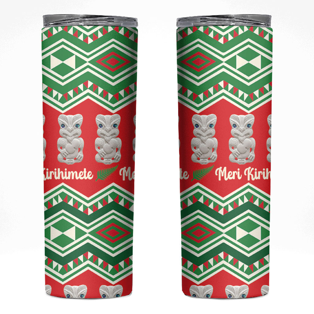 New Zealand Christmas In July Skinny Tumbler Meri Kirihimete Hei Tiki Taniko Motifs Seamless