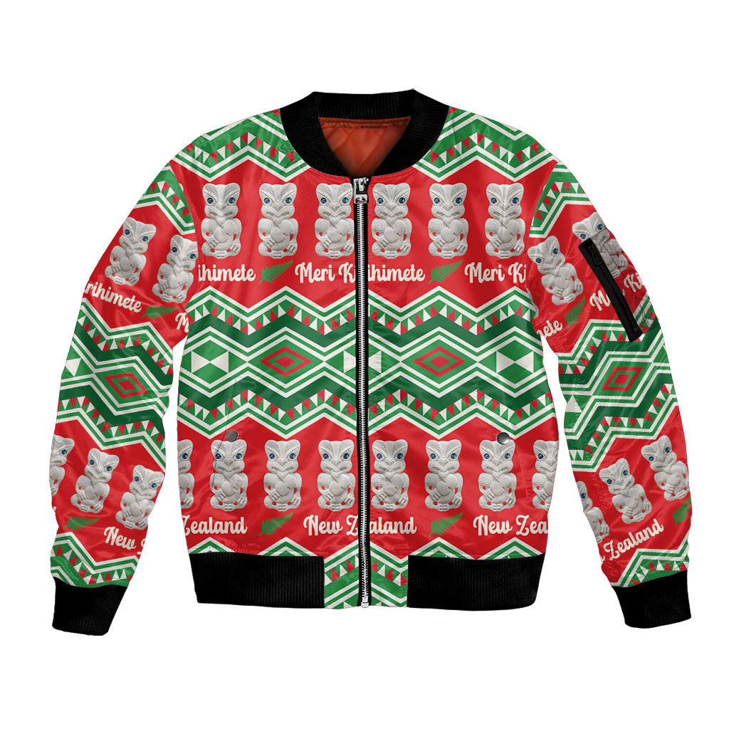 New Zealand Christmas In July Sleeve Zip Bomber Jacket Meri Kirihimete Hei Tiki Taniko Motifs Seamless