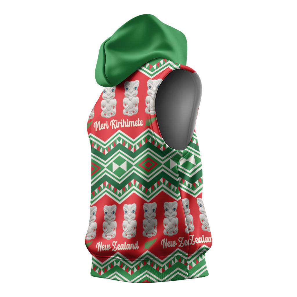 New Zealand Christmas In July Sleeveless Hoodie Meri Kirihimete Hei Tiki Taniko Motifs Seamless