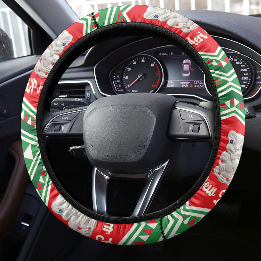 New Zealand Christmas In July Steering Wheel Cover Meri Kirihimete Hei Tiki Taniko Motifs Seamless