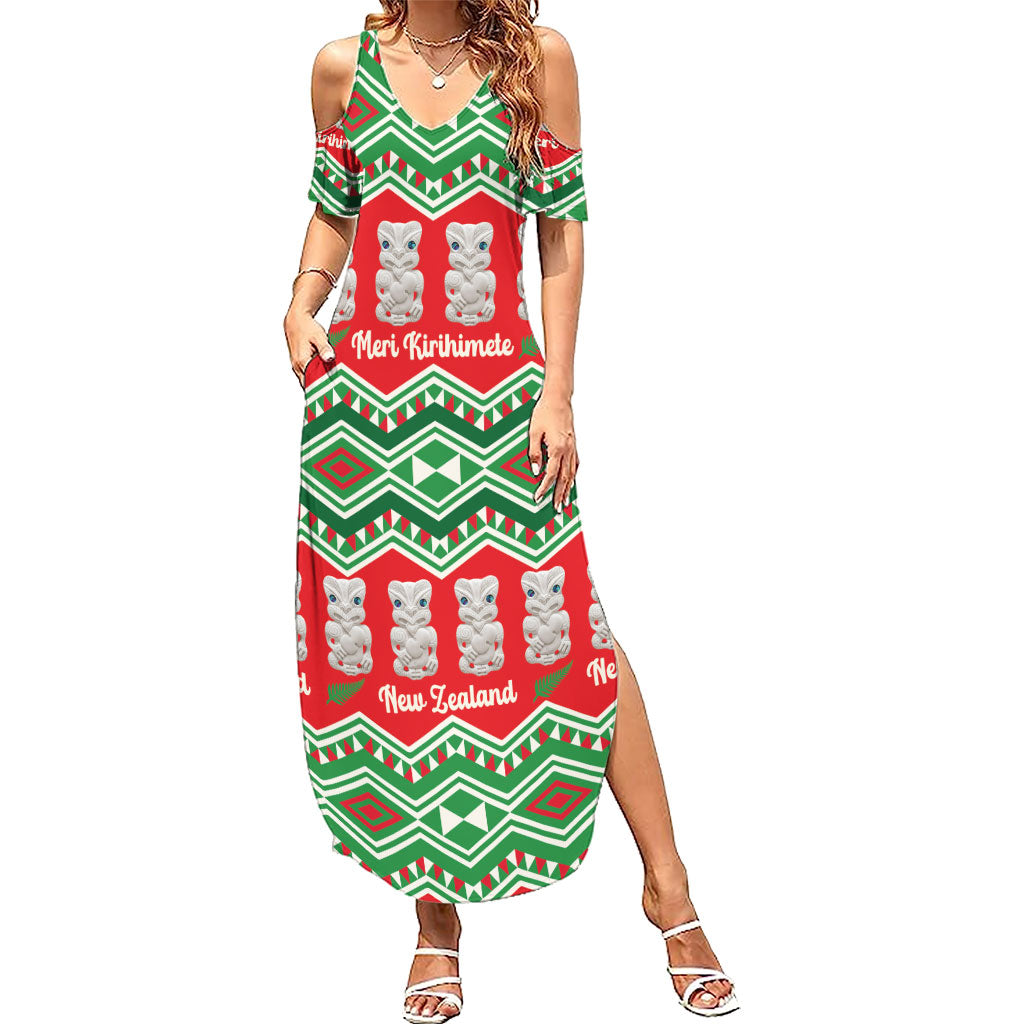 New Zealand Christmas In July Summer Maxi Dress Meri Kirihimete Hei Tiki Taniko Motifs Seamless LT14 Women Red - Polynesian Pride