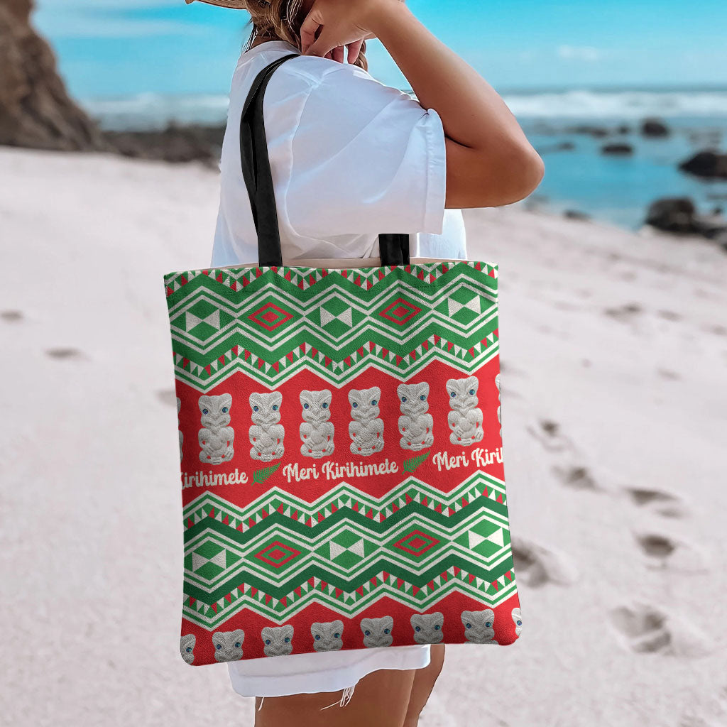 New Zealand Christmas In July Tote Bag Meri Kirihimete Hei Tiki Taniko Motifs Seamless