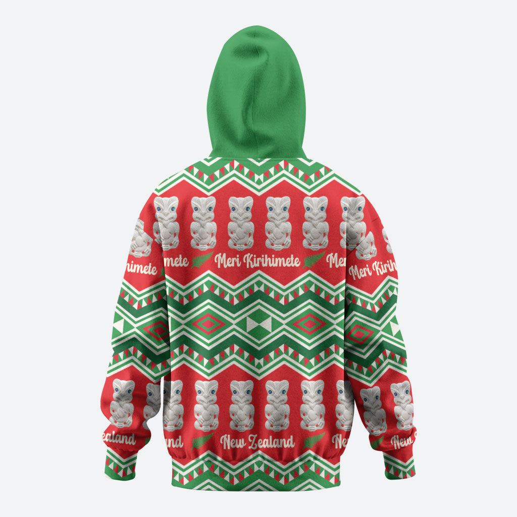 New Zealand Christmas In July Zip Hoodie Meri Kirihimete Hei Tiki Taniko Motifs Seamless