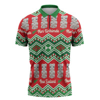 New Zealand Christmas In July Zipper Polo Shirt Meri Kirihimete Hei Tiki Taniko Motifs Seamless