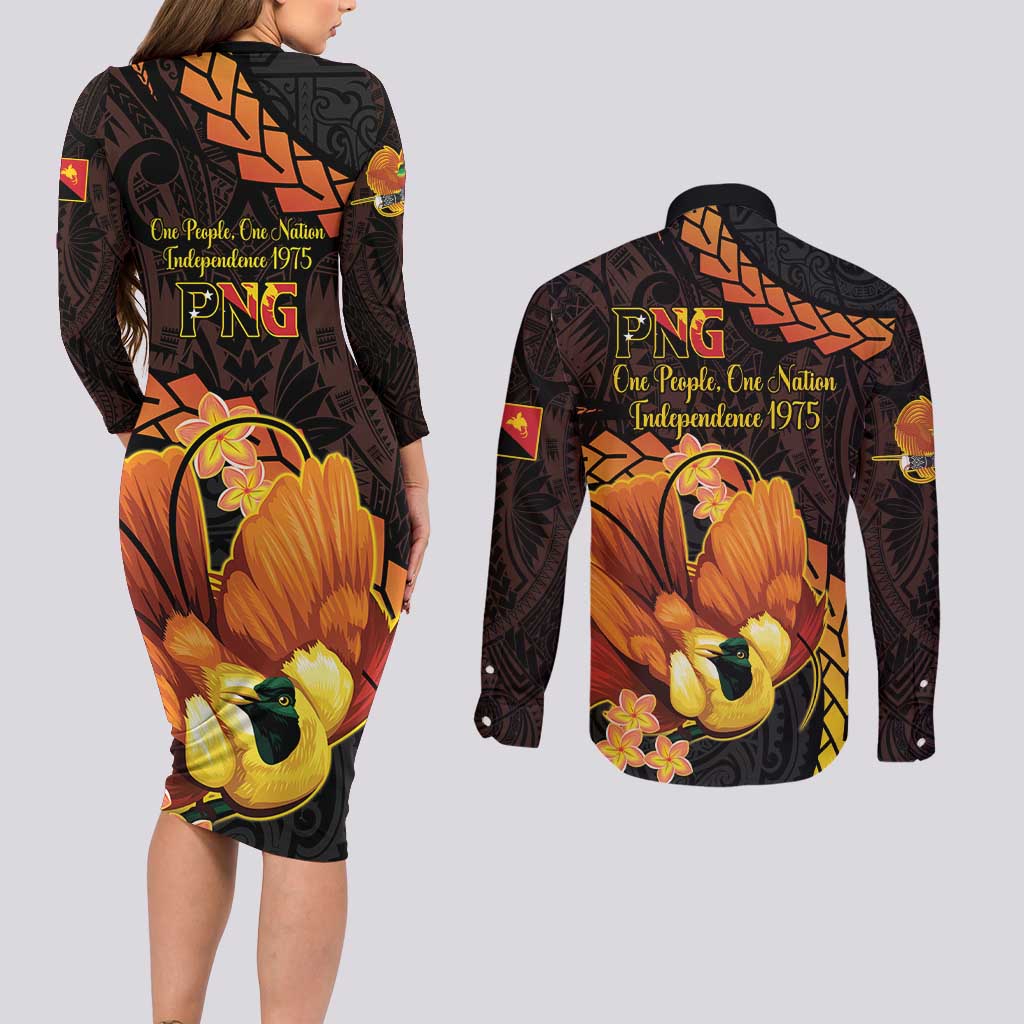 Papua New Guinea Independence Day Couples Matching Long Sleeve Bodycon Dress and Long Sleeve Button Shirt 50th Anniversary Papua Niu Gini Bird Of Paradise LT14