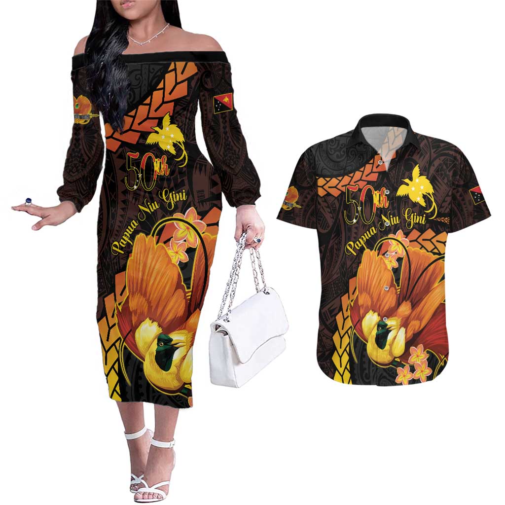 Papua New Guinea Independence Day Couples Matching Off The Shoulder Long Sleeve Dress and Hawaiian Shirt 50th Anniversary Papua Niu Gini Bird Of Paradise LT14