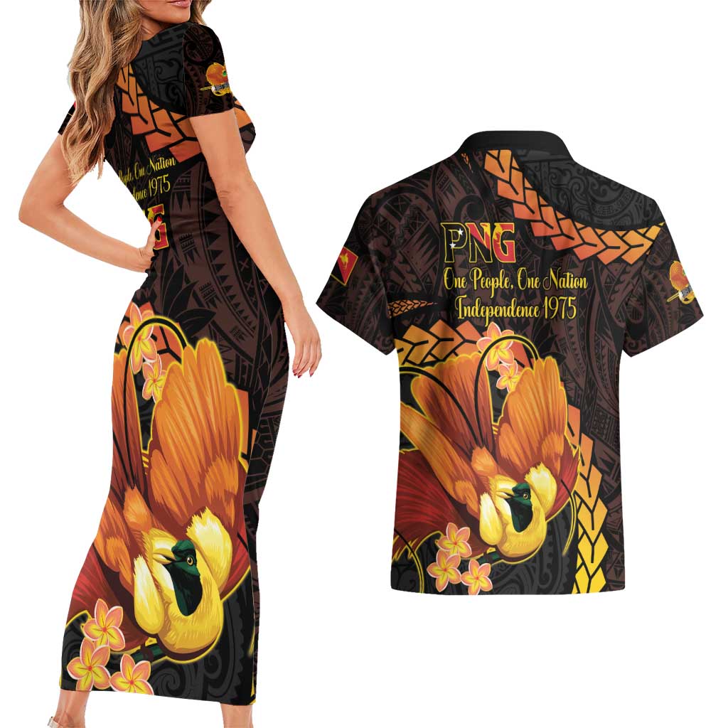 Papua New Guinea Independence Day Couples Matching Short Sleeve Bodycon Dress and Hawaiian Shirt 50th Anniversary Papua Niu Gini Bird Of Paradise LT14