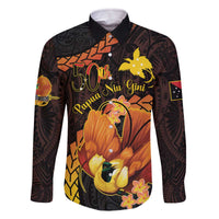 Papua New Guinea Independence Day Family Matching Off The Shoulder Long Sleeve Dress and Hawaiian Shirt 50th Anniversary Papua Niu Gini Bird Of Paradise LT14 Dad's Shirt - Long Sleeve Black - Polynesian Pride