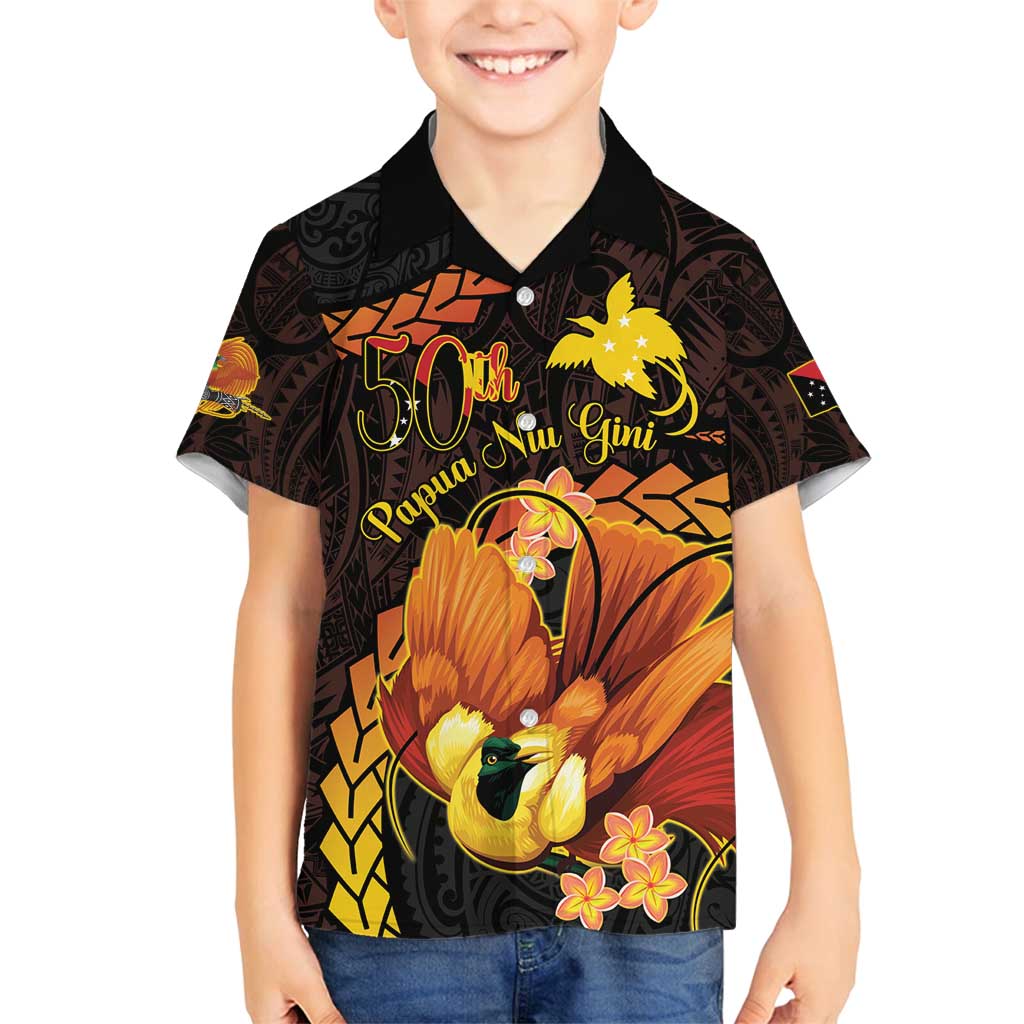 Papua New Guinea Independence Day Family Matching Off Shoulder Short Dress and Hawaiian Shirt 50th Anniversary Papua Niu Gini Bird Of Paradise LT14 Son's Shirt Black - Polynesian Pride
