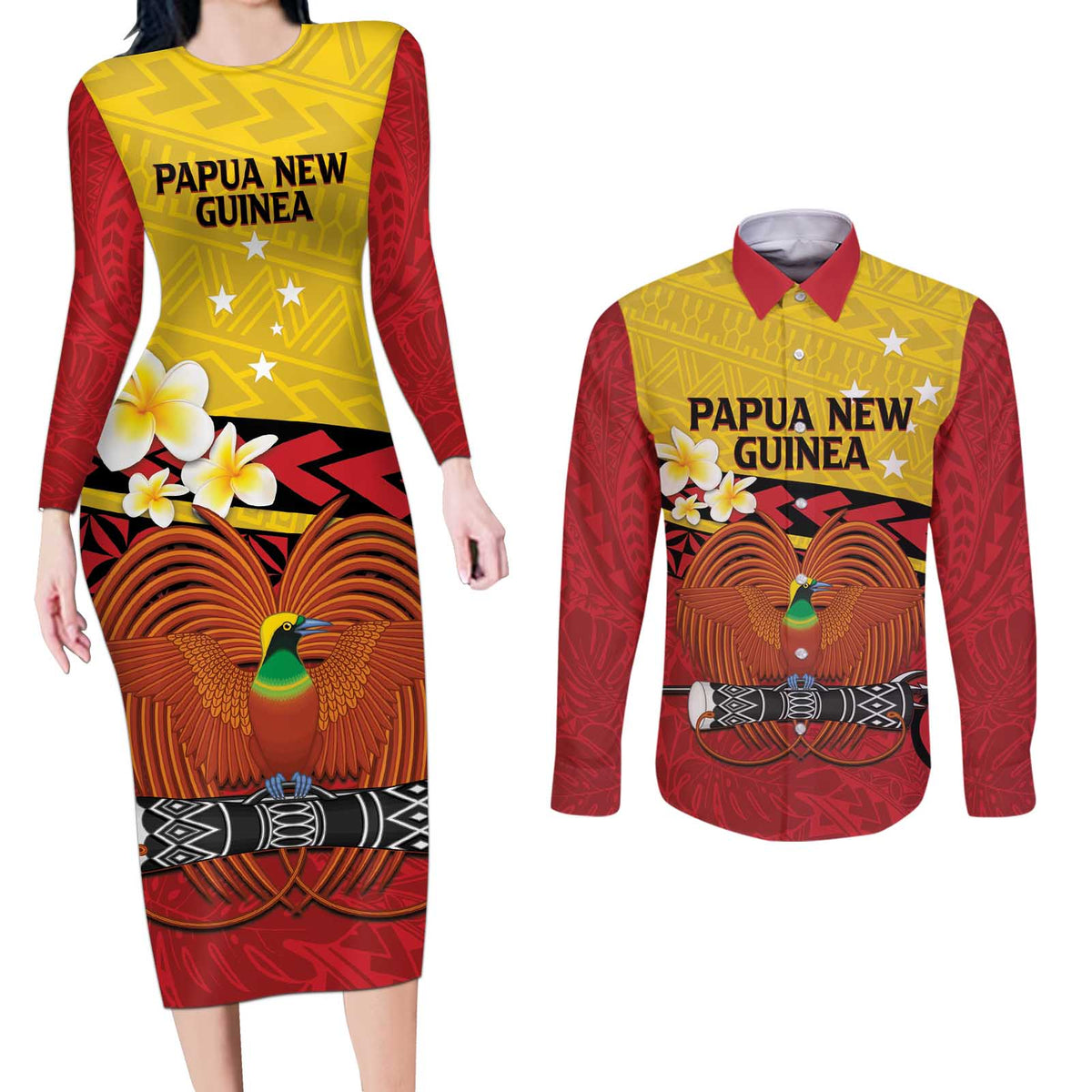 Papua New Guinea Independence Day Couples Matching Long Sleeve Bodycon Dress and Long Sleeve Button Shirt Since 1975 Unity In Diversity