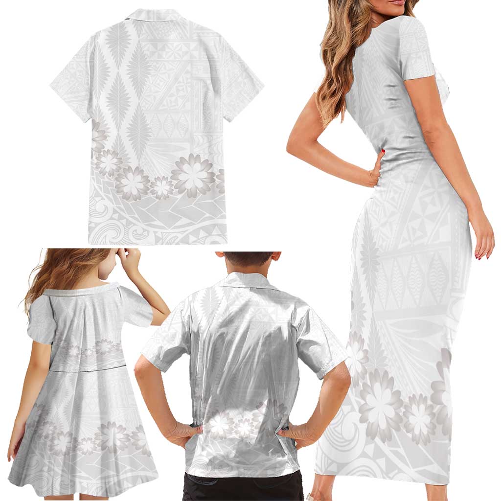 Tonga White Sunday Family Matching Short Sleeve Bodycon Dress and Hawaiian Shirt Manuia le Aso Sa o Tamaiti Heilala With Ngatu Pattern