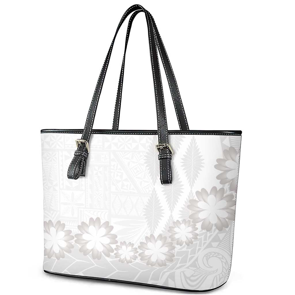 Tonga White Sunday Leather Tote Bag Manuia le Aso Sa o Tamaiti Heilala With Ngatu Pattern