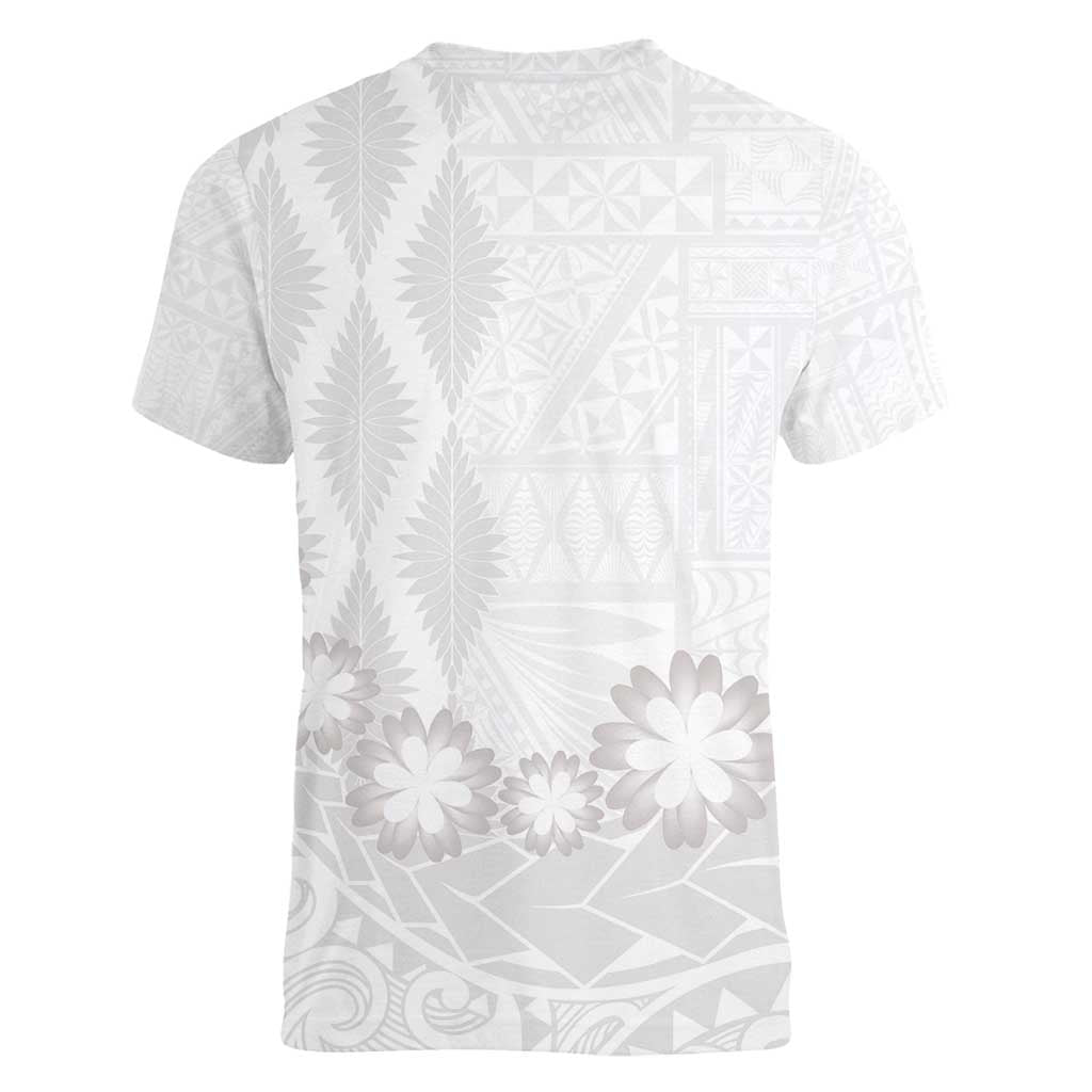 Tonga White Sunday Women V-Neck T-Shirt Manuia le Aso Sa o Tamaiti Heilala With Ngatu Pattern