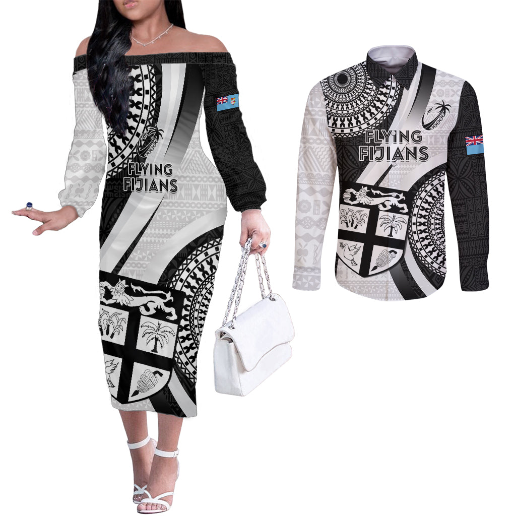 Custom Fiji Rugby Couples Matching Off The Shoulder Long Sleeve Dress and Long Sleeve Button Shirts World Cup 2023 Go Champions Fijian Tapa Black Version LT14 Black - Polynesian Pride