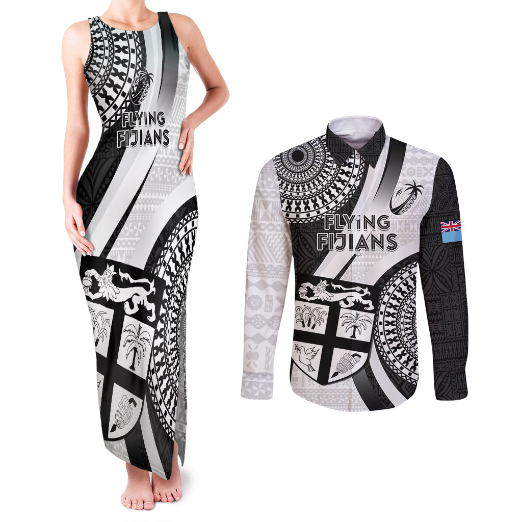 Custom Fiji Rugby Couples Matching Tank Maxi Dress and Long Sleeve Button Shirts World Cup 2023 Go Champions Fijian Tapa Black Version LT14 Black - Polynesian Pride