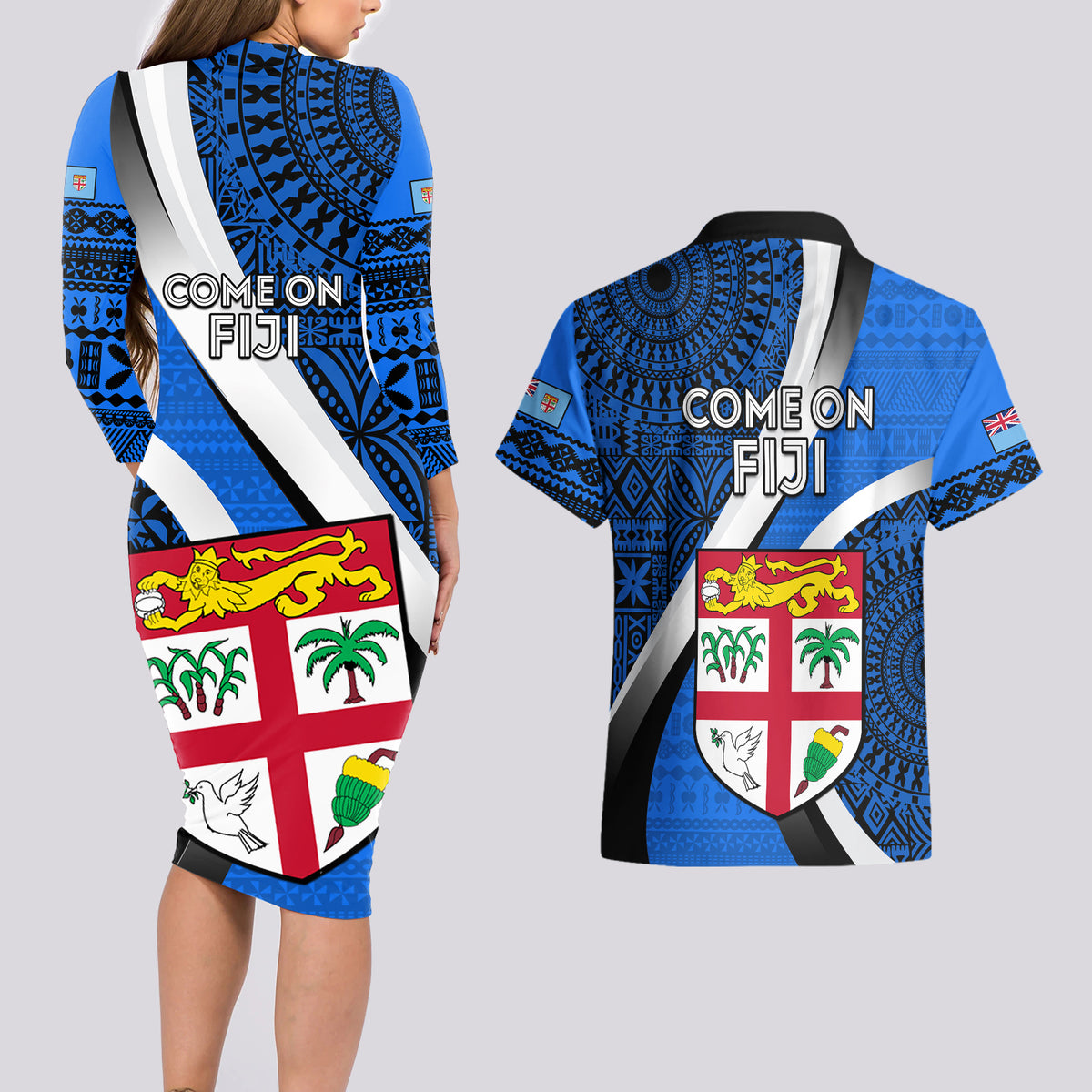 Fiji Rugby Couples Matching Long Sleeve Bodycon Dress and Hawaiian Shirt World Cup 2023 Go Champions Fijian Tapa Blue Version LT14 - Polynesian Pride