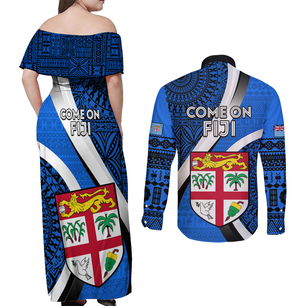 Fiji Rugby Couples Matching Off Shoulder Maxi Dress and Long Sleeve Button Shirts World Cup 2023 Go Champions Fijian Tapa Blue Version LT14 - Polynesian Pride