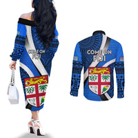 Fiji Rugby Couples Matching Off The Shoulder Long Sleeve Dress and Long Sleeve Button Shirts World Cup 2023 Go Champions Fijian Tapa Blue Version LT14 - Polynesian Pride