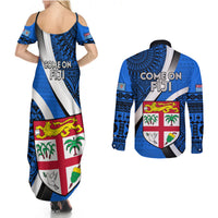 Fiji Rugby Couples Matching Summer Maxi Dress and Long Sleeve Button Shirts World Cup 2023 Go Champions Fijian Tapa Blue Version LT14 - Polynesian Pride