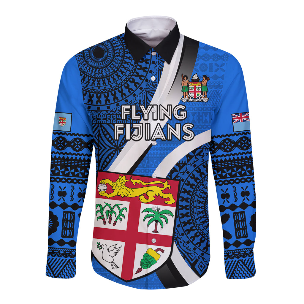 Fiji Rugby Long Sleeve Button Shirt World Cup 2023 Go Champions Fijian Tapa Blue Version LT14 Unisex Blue - Polynesian Pride