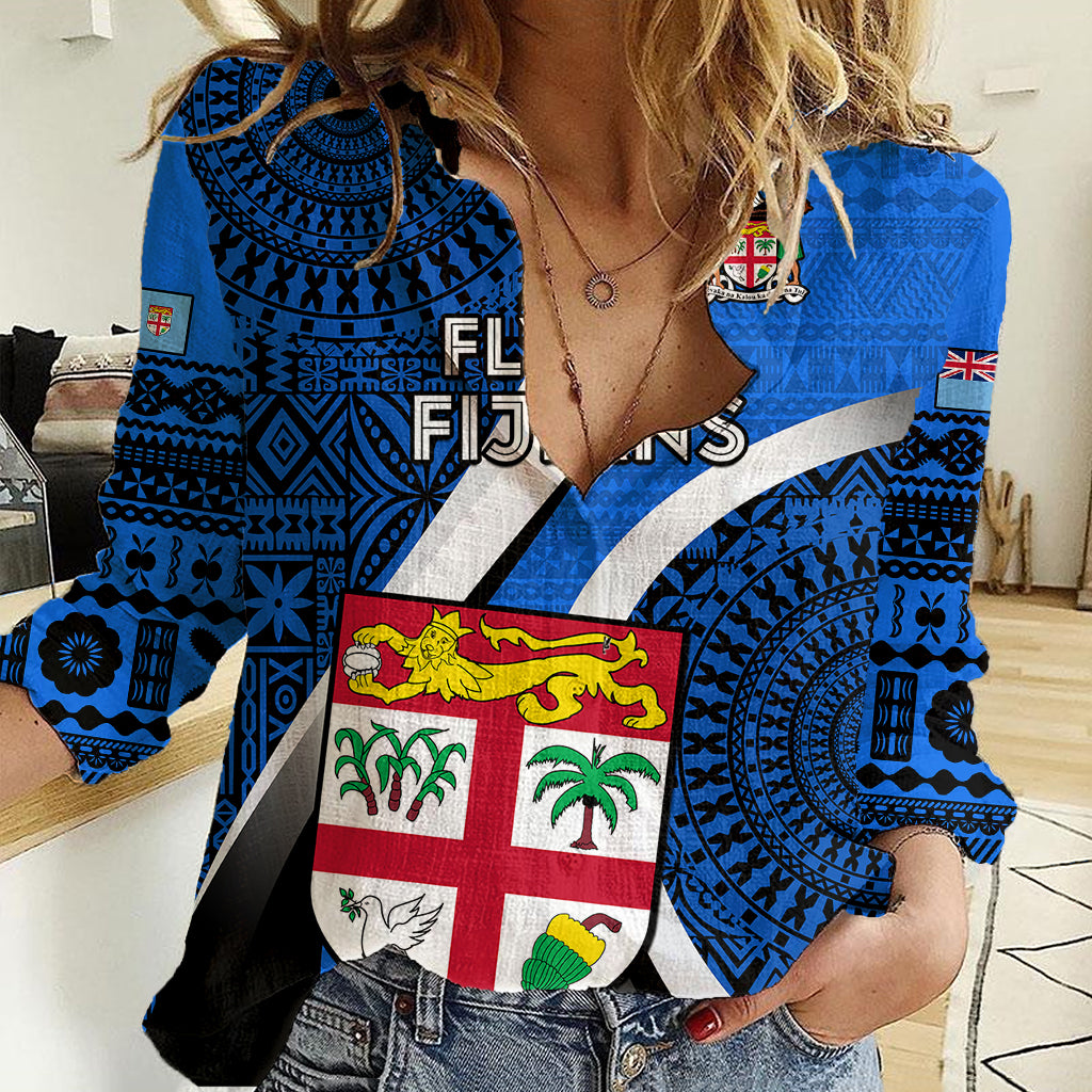 Fiji Rugby Women Casual Shirt World Cup 2023 Go Champions Fijian Tapa Blue Version LT14 Female Blue - Polynesian Pride