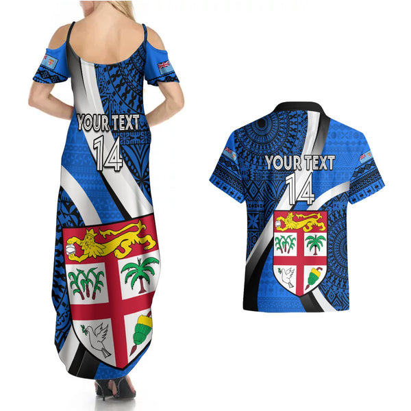 Custom Fiji Rugby Couples Matching Off Shoulder Maxi Dress and Hawaiian Shirt Go Fijian Tapa Arty with World Cup Vibe LT9