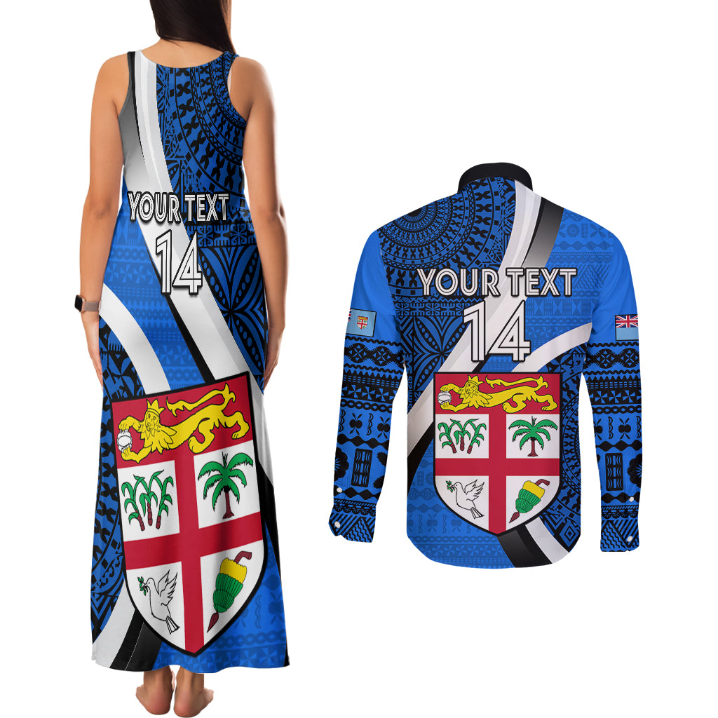 Custom Fiji Rugby Couples Matching Tank Maxi Dress and Long Sleeve Button Shirts World Cup 2023 Go Champions Fijian Tapa Blue Version LT14 - Polynesian Pride