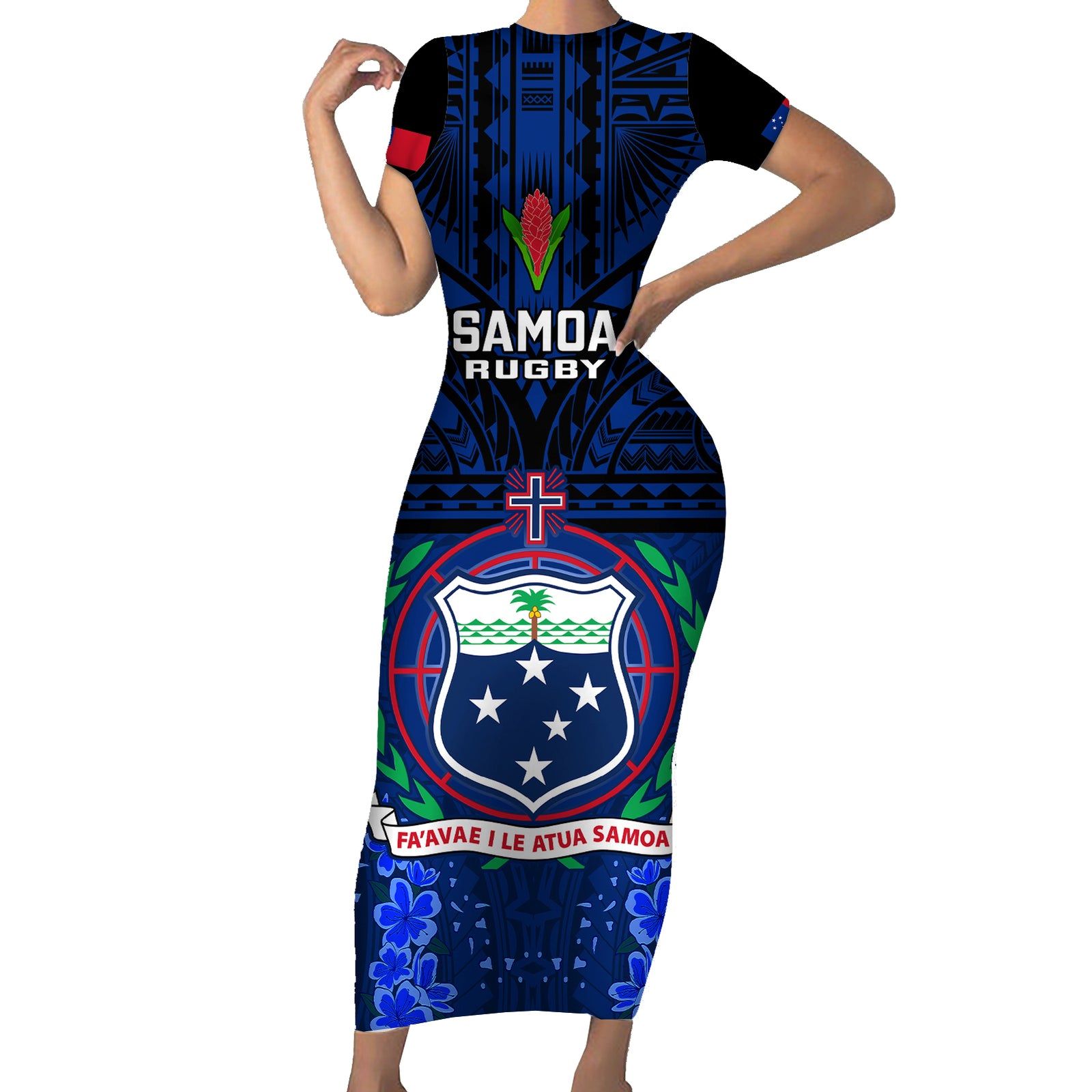 Custom Samoa Rugby Short Sleeve Bodycon Dress World Cup 2023 Go Champions Manu Samoa LT14 Long Dress Blue - Polynesian Pride