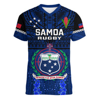 Custom Samoa Rugby Women V Neck T Shirt World Cup 2023 Go Champions Manu Samoa LT14 Female Blue - Polynesian Pride