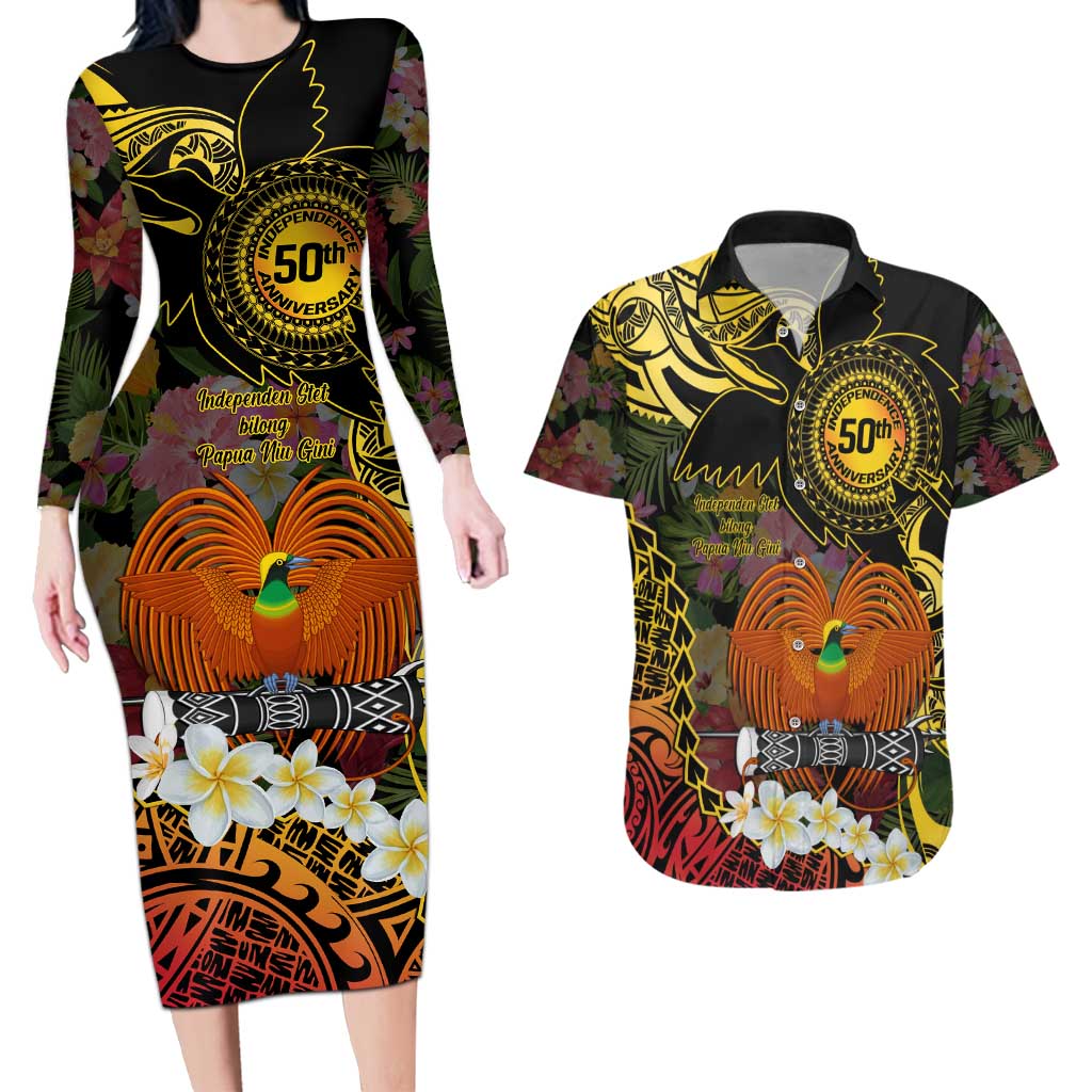 Papua New Guinea 50th Independence Anniversary Couples Matching Long Sleeve Bodycon Dress and Hawaiian Shirt Independen Stet bilong Papua Niu Gini LT14