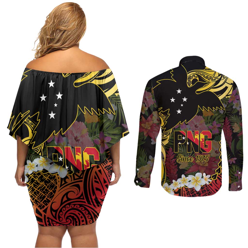 Papua New Guinea 50th Independence Anniversary Couples Matching Off Shoulder Short Dress and Long Sleeve Button Shirt Independen Stet bilong Papua Niu Gini LT14