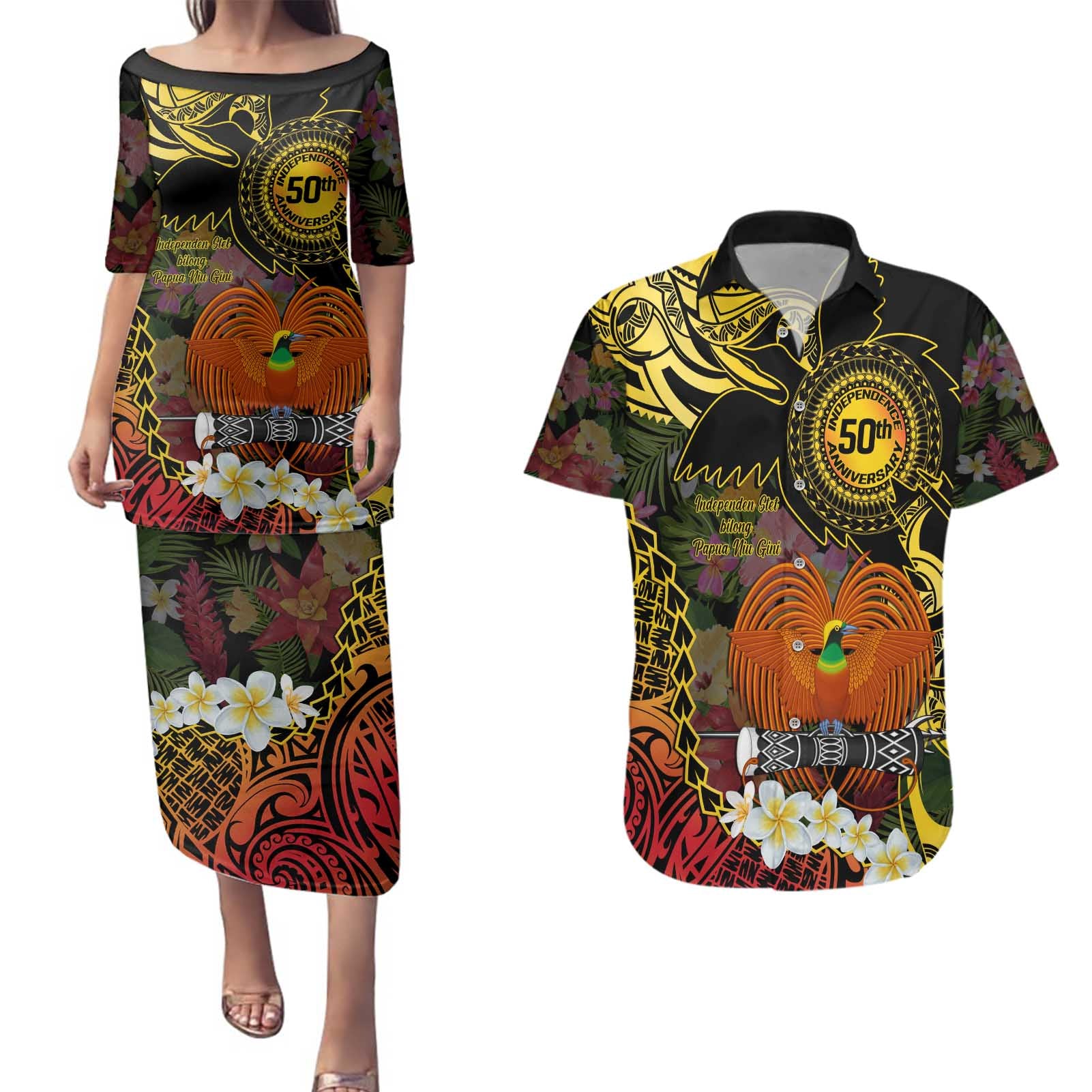 Papua New Guinea 50th Independence Anniversary Couples Matching Puletasi and Hawaiian Shirt Independen Stet bilong Papua Niu Gini LT14
