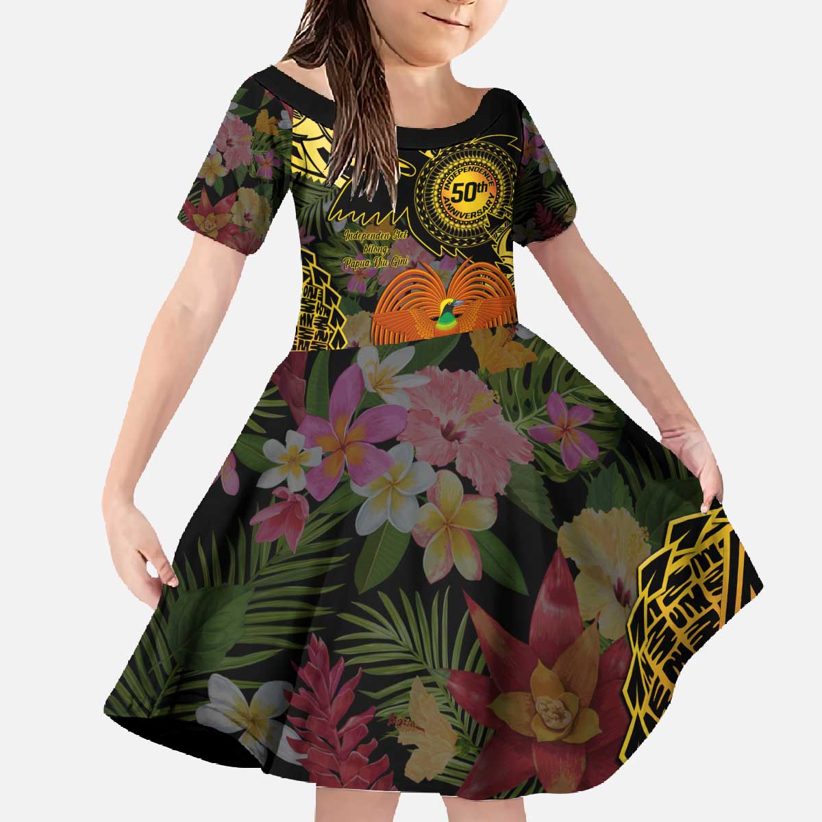 Papua New Guinea 50th Independence Anniversary Family Matching Off The Shoulder Long Sleeve Dress and Hawaiian Shirt Independen Stet bilong Papua Niu Gini LT14 Daughter's Dress Black - Polynesian Pride