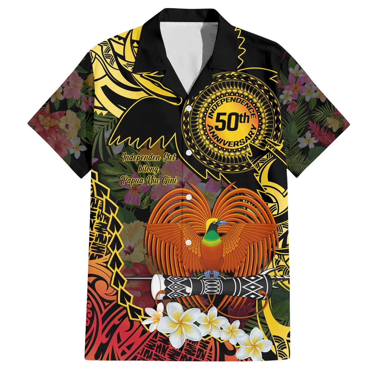 Papua New Guinea 50th Independence Anniversary Family Matching Off The Shoulder Long Sleeve Dress and Hawaiian Shirt Independen Stet bilong Papua Niu Gini LT14 Dad's Shirt - Short Sleeve Black - Polynesian Pride