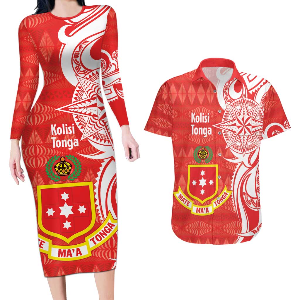 Personalised Kolisi Tonga Couples Matching Long Sleeve Bodycon Dress and Hawaiian Shirt Mate Maa Tonga Ngatu Pattern - Polynesian Pride