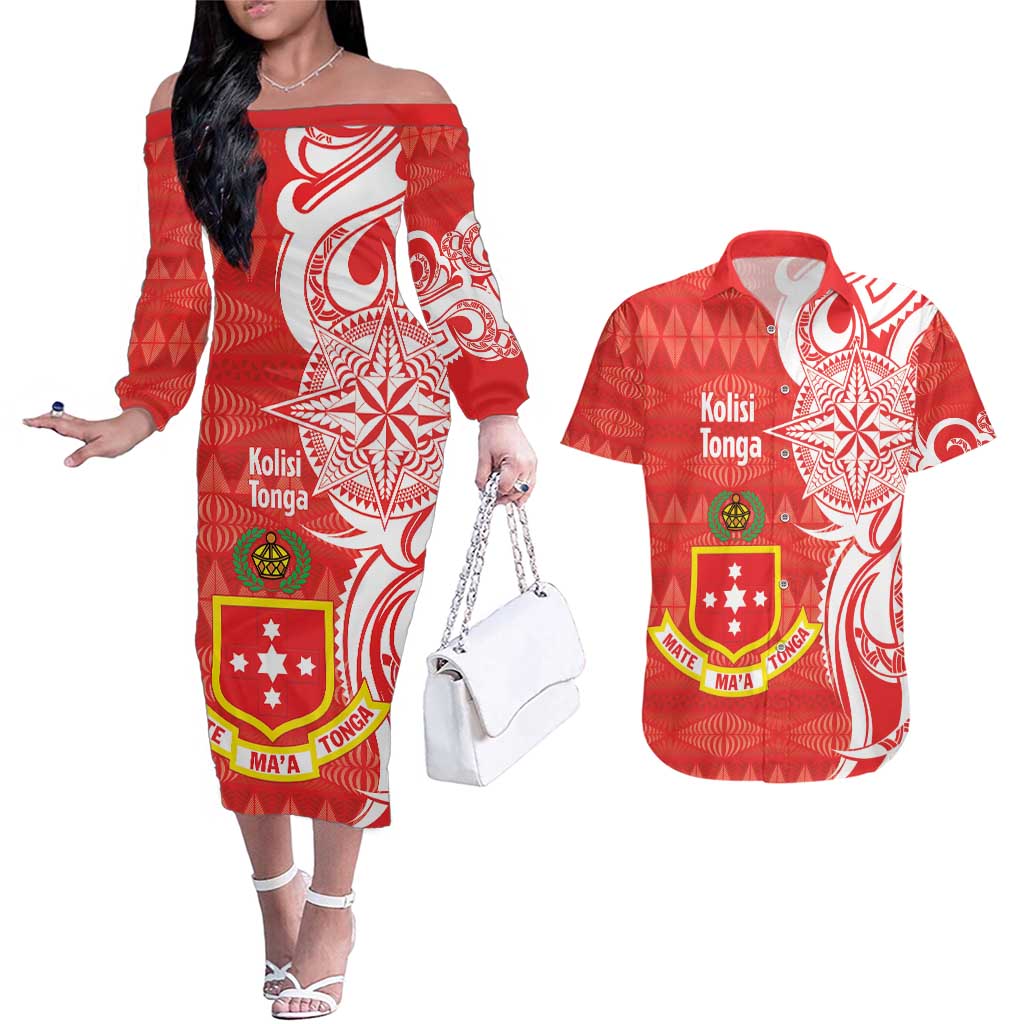 Personalised Kolisi Tonga Couples Matching Off The Shoulder Long Sleeve Dress and Hawaiian Shirt Mate Maa Tonga Ngatu Pattern - Polynesian Pride