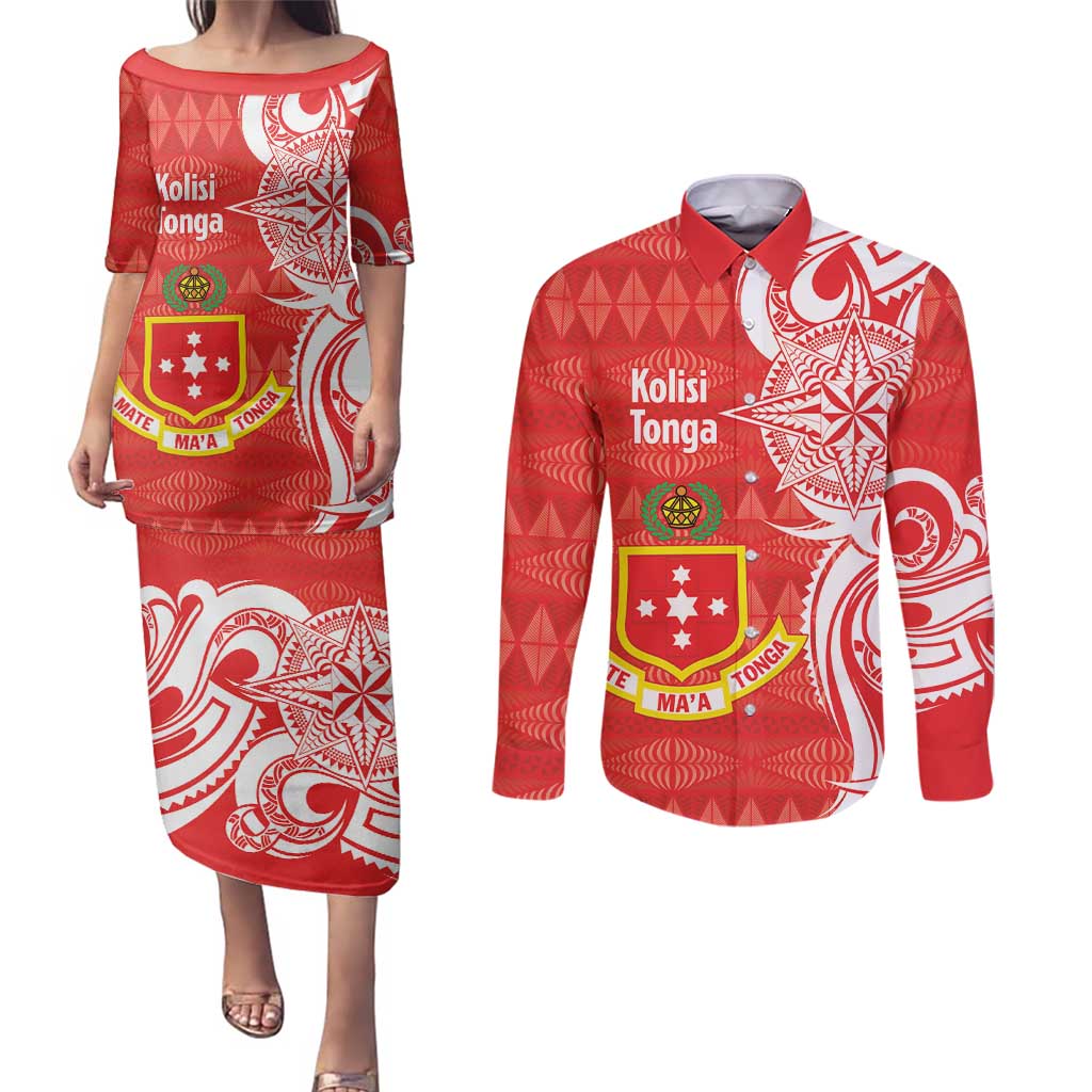 Personalised Kolisi Tonga Couples Matching Puletasi and Long Sleeve Button Shirt Mate Maa Tonga Ngatu Pattern - Polynesian Pride