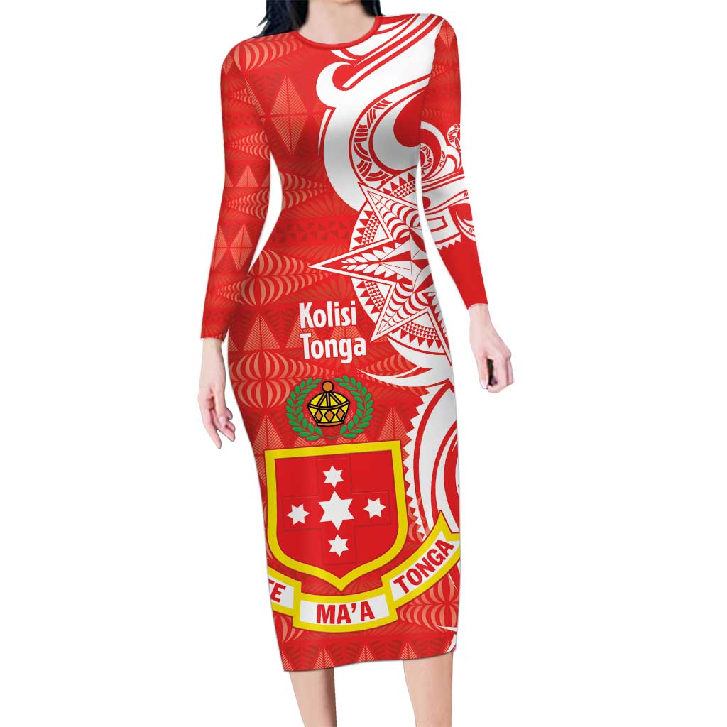 Personalised Kolisi Tonga Family Matching Long Sleeve Bodycon Dress and Hawaiian Shirt Mate Maa Tonga Ngatu Pattern - Polynesian Pride