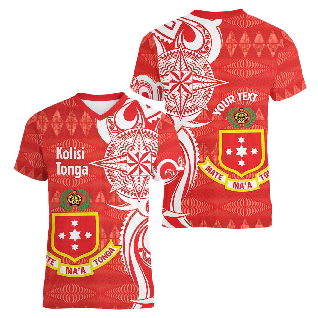 Personalised Kolisi Tonga Women V-Neck T-Shirt Mate Maa Tonga Ngatu Pattern - Polynesian Pride