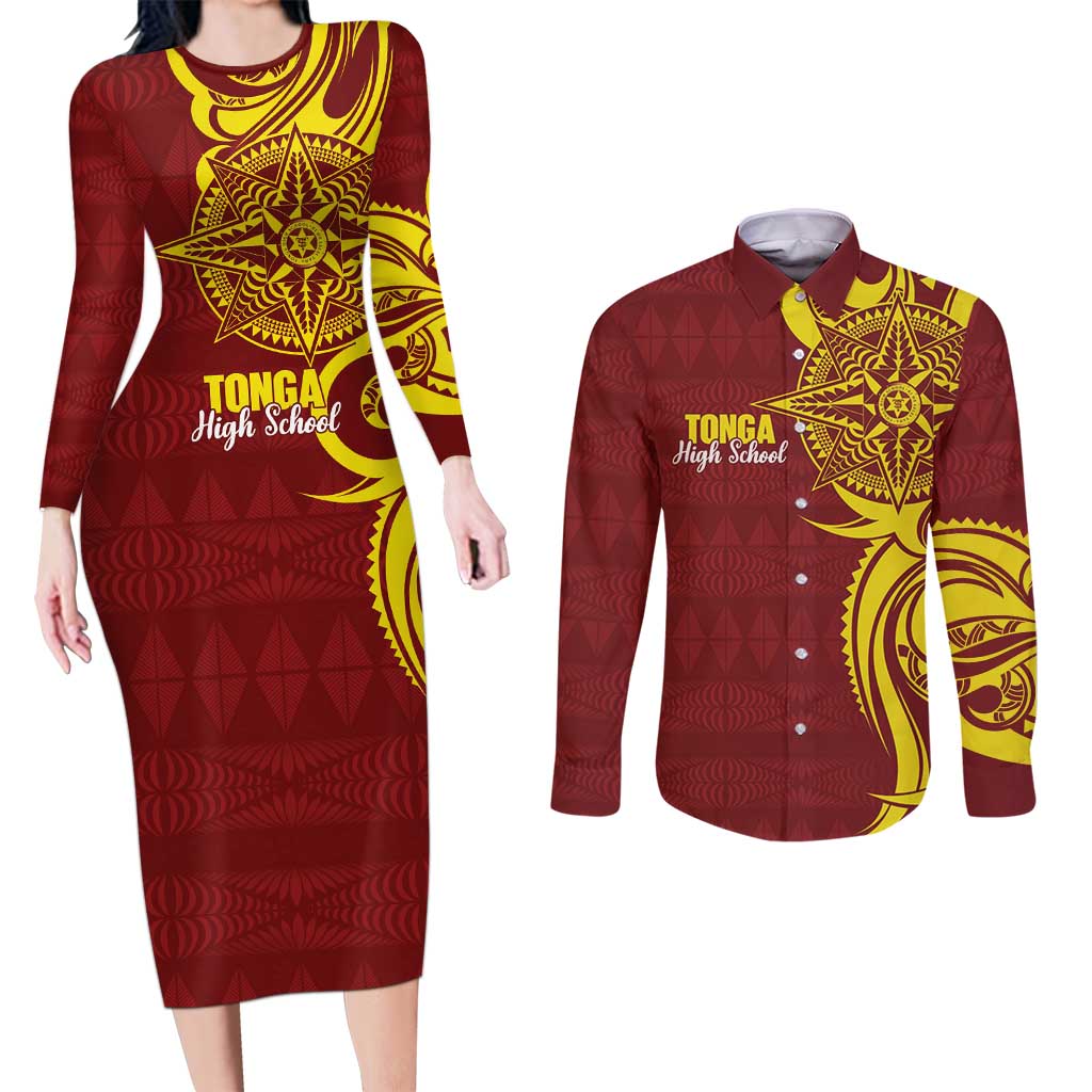 Personalised Tonga High School Couples Matching Long Sleeve Bodycon Dress and Long Sleeve Button Shirt THS Tongan Ngatu Pattern - Polynesian Pride